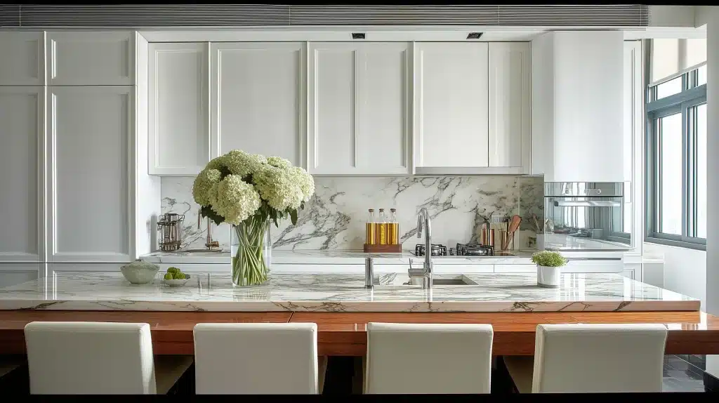 Bright kitchen with a marble island, white cabinets, stainless steel faucet, a bouquet of flowers, and large windows.