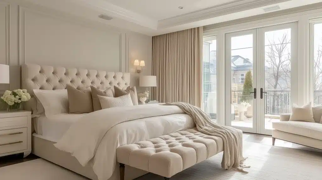 Light-filled bedroom with an upholstered bed, white linen, a bench at the foot of the bed, and French doors opening onto a balcony.